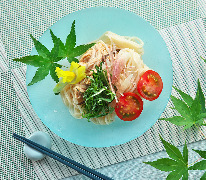 鶏肉とミョウガの混ぜ素麺
